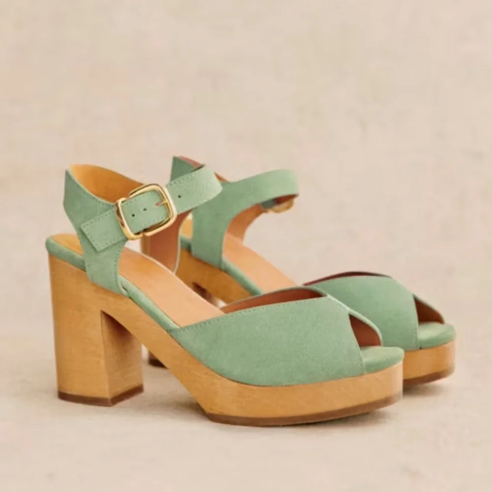 Sezane Platform Wooden FAUSTA CLOGS Almond Green Color FR Size: 39 or US 8 - Picture 1 of 13
